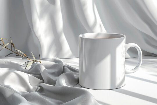 A pristine white mug stands amidst soft, ruffled silk fabric, complemented by a subtle touch of dried plant elements
