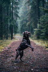 Vertical shot of a cheerful labrador retriever jumping in a forest with a blurry background