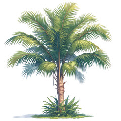 Illustration of a tropical palm tree with long leaves on an isolated white background