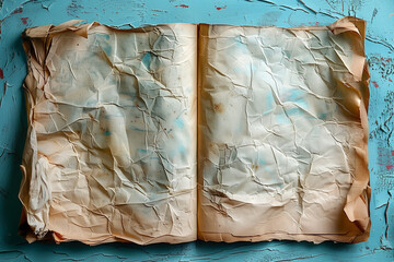 Old book on blue background, paper, crumpled, document
