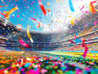 Soccer Stadium with garlands and confetti. Celebrating the winner team.