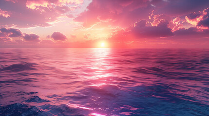 A picturesque seascape at sunset, the sun turning the clouds in shades of pink and purple.