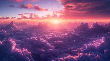 Poster Dawn is above the clouds, the sun shines in warm tones mixed with pink and purple. © Aleksandra Ermilova