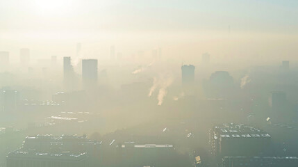 Fototapeta na wymiar Heavy smog covering a city skyline a result of increased pollution and greenhouse gas emissions.