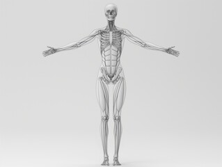 A skeleton is shown in a white background. The skeleton is in a pose that is open and relaxed. The image is meant to be a representation of the human body and its structure - obrazy, fototapety, plakaty