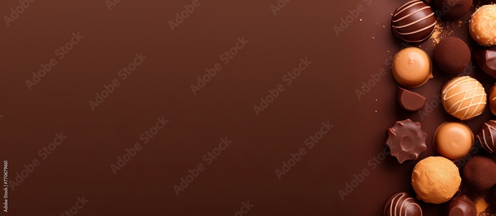 Poster various chocolates displayed on a rustic wooden table, with closeup macro photography capturing the 