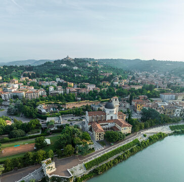 Aerial view of Verona city with Adige river and Duomo di Verona, Veneto, Italy.