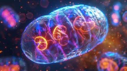 Golgi ApparatusNucleus and mitochondria in a dance, soft glow, intimate closeup, serene mood lighting - obrazy, fototapety, plakaty