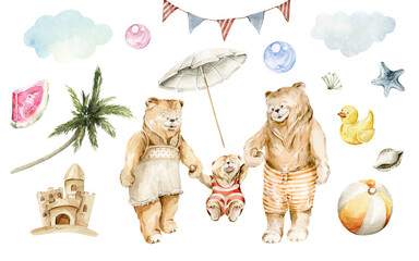 Watercolor nursery summer set of sea travel. Hand painted cute animal family of bear character, baby toys, clouds, beach, shells, palm, sand. Trip card, illustration for baby shower design, kids print