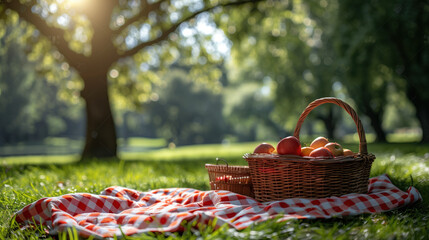 Picnic basket on a red and white tablecloth on green grass in the park.  Concept of family summer vacation in nature
