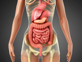 A woman's internal organs are shown in a 3D model. The stomach is pink and the intestines are white. Concept of curiosity and fascination with the human body's inner workings - obrazy, fototapety, plakaty