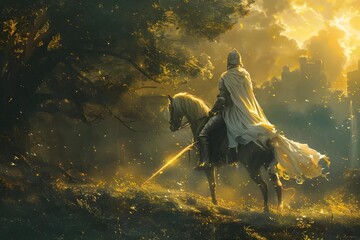 A knight in shining armor, atop a noble steed, wields a glowing enchanted sword, poised at the ancient forest's edge, ready for adventure.