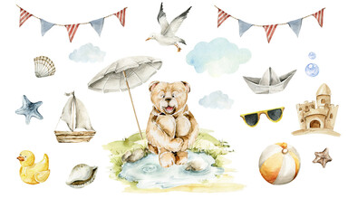 Watercolor nursery summer set of sea travel. Hand painted cute animal of bear character, baby toys, sand, clouds, beach, shells, seagull. Trip card, illustration for baby shower design, kids print