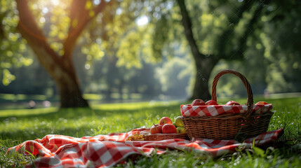 Fototapeta na wymiar Picnic basket on a red and white tablecloth on green grass in the park.