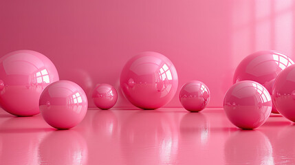 Set of pink reflective balls, spheres, on a pink background.