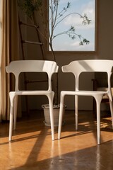 Fototapeta na wymiar White chairs in a cozy room with a hardwood floor