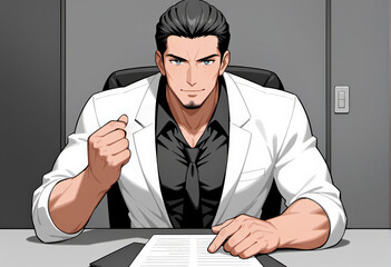 Confident animated businessman with black hair reviewing documents at his desk, ideal for office-related content and professional presentations