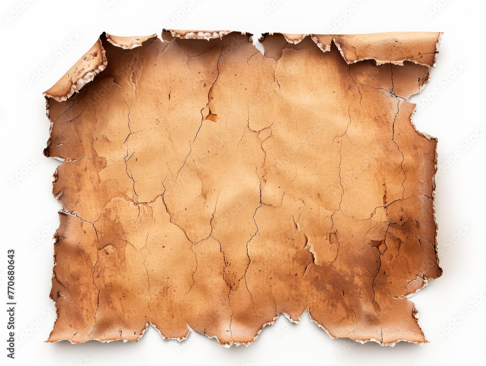 Poster Old crinkled parchment paper with rough edges on white. Aged material concept Generative AI