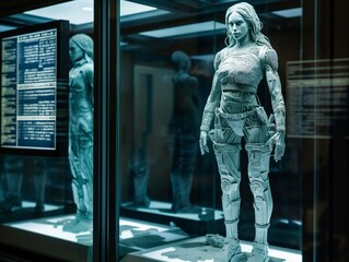 Fototapeta na wymiar A woman in a robot suit stands in front of a display case. The display case is made of glass and has a sign on it that reads 