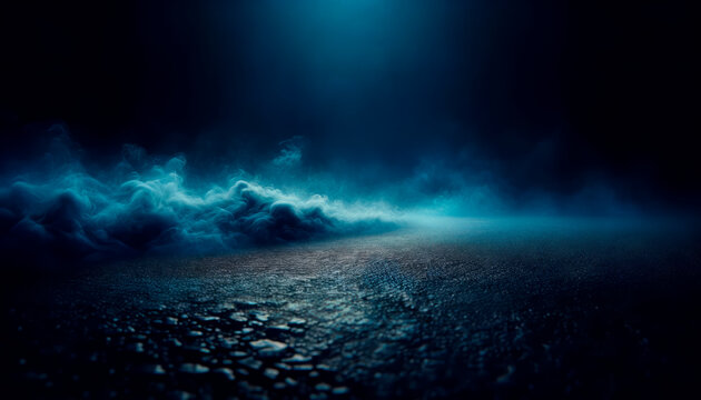Mystical blue smoke over dark asphalt road. Background for mystery and fantasy concept. Generative AI