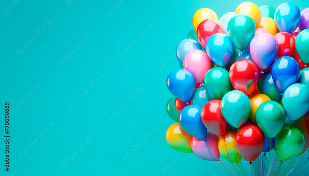 Poster dense cluster of balloons in primary colors against a vibrant turquoise background. generative ai