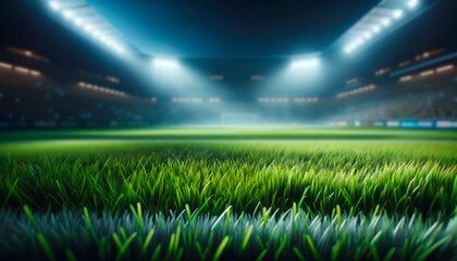 Illuminated soccer stadium ready for play, empty and expectant under night sky. Generative AI