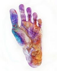 Vibrant colorful of a human foot with vivid colors highlighting anatomical details on a white background.