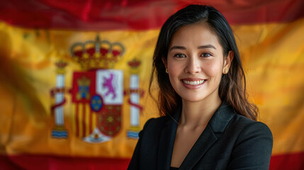 Happy Asian Businesswoman With A Spanish Flag In Background. CEO and Enterpreneur Asian Woman. Diversity In Spain - obrazy, fototapety, plakaty