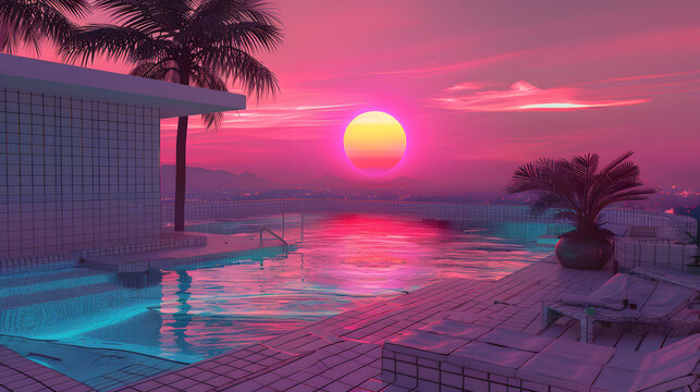 Hotel mit Pool, Hotel mit Swimmingpool, Retro Hotel, Retro Pool, Pool mit Pflanzen, 90s, 80, 80er, 90er, Sonnenuntergang im Hintergrund, Synthwave Vibe, Vaporwave Kunst 