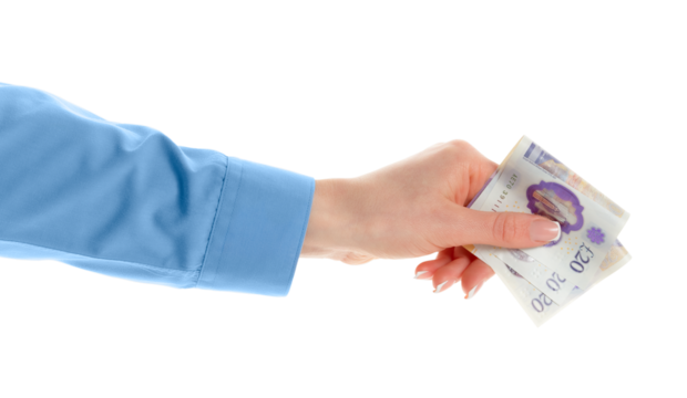 Female hand holding British pounds currency isolated on white background