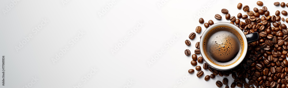Poster panoramic view of espresso with rich crema, surrounded by coffee beans on a white surface. generativ