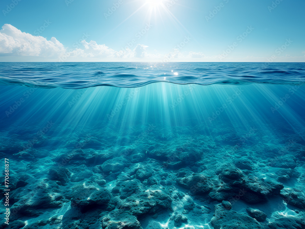 Poster sunlight piercing through the ocean surface, highlighting underwater rocks. generative ai