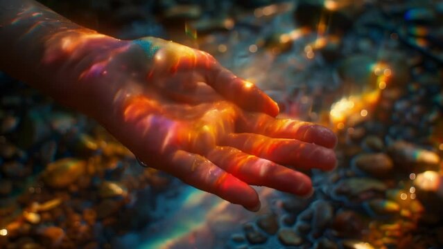 A hand holding a prism refracting light into a stunning display of emotions each one representing a unique facet of the human experience.