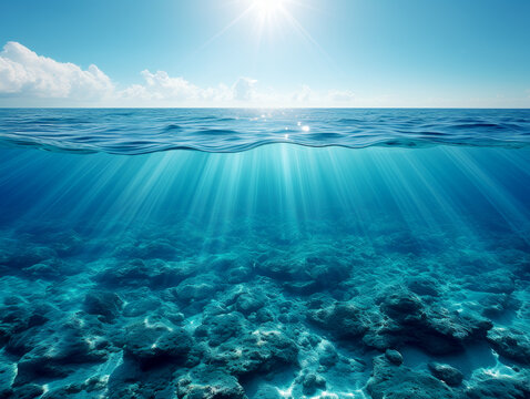 Sunlight piercing through the ocean surface, highlighting underwater rocks. Generative AI