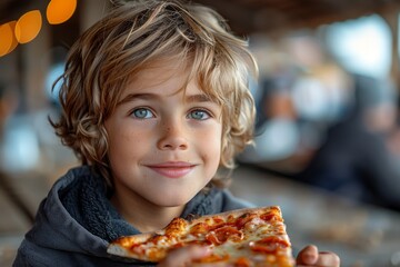 Close up of a smiling young boy eating a slice of pizza in a rustic restaurant setting