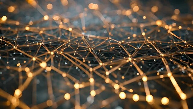 Close-up view of a gold neural network structure with interconnected nodes and pathways