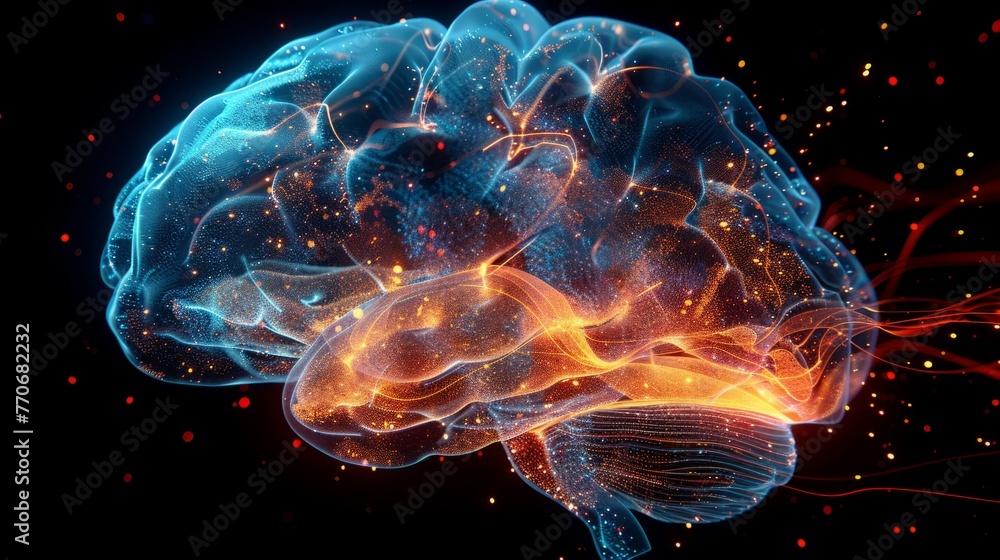 Poster holographic brain displaying sections of human emotion and ai logic intertwined