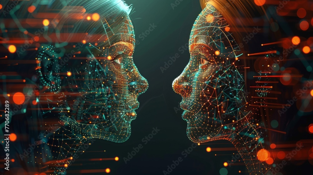 Poster human intellect and ai algorithms intertwining, showcasing joint evolution