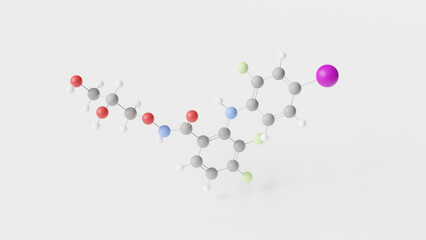 mirdametinib molecule 3d, molecular structure, ball and stick model, structural chemical formula antineoplastic agent