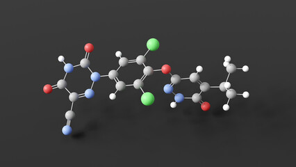 resmetirom molecular structure, thyroid hormone receptor beta (nr1a2) agonist, ball and stick 3d model, structural chemical formula with colored atoms