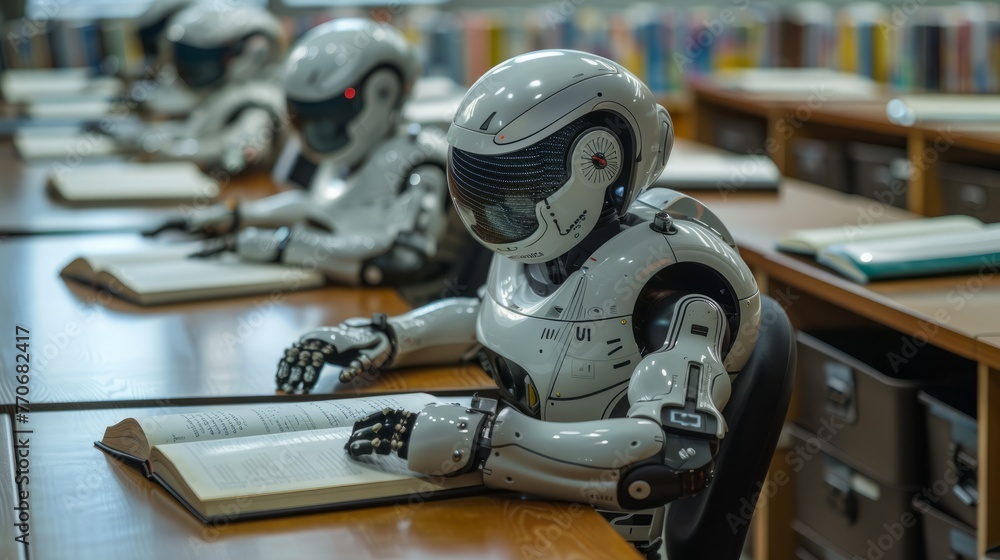 Poster ai robot reading a book in the library. collaboratively studying from a vast array of textbooks. mac