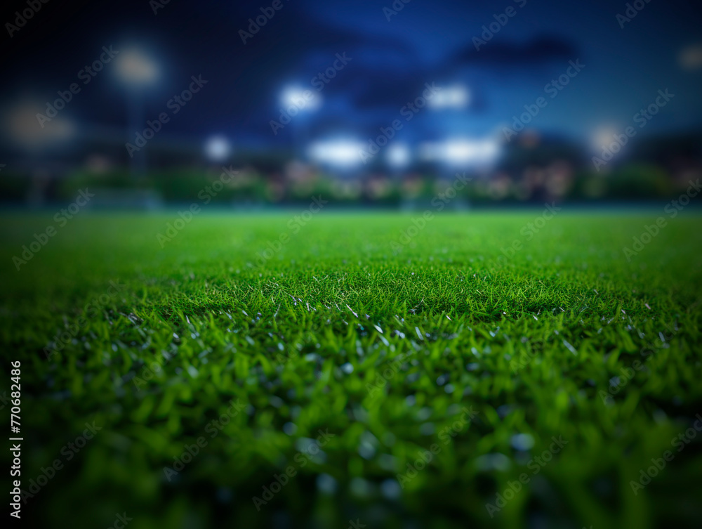 Poster close ground view of football field at night with blurred stadium background and cool lighting. gene
