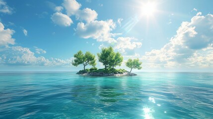 A small island with 3 trees in the middle of a clear blue ocean in bright sky, in strong sunlight - obrazy, fototapety, plakaty