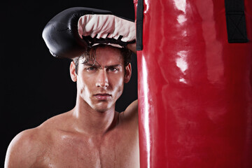 Boxer, sweat and portrait of man in studio with punching bag for workout, exercise or fight...