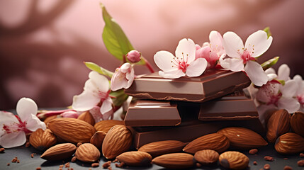 Obraz na płótnie Canvas Close-up of a bar of milk chocolate with almonds decorated with cherry blossoms. A chocolate advertising concept that will attract the attention of consumers
