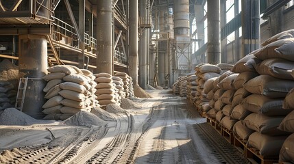 A scene from an industrial facility, showcasing the production of cement-based building materials, ready for shipment