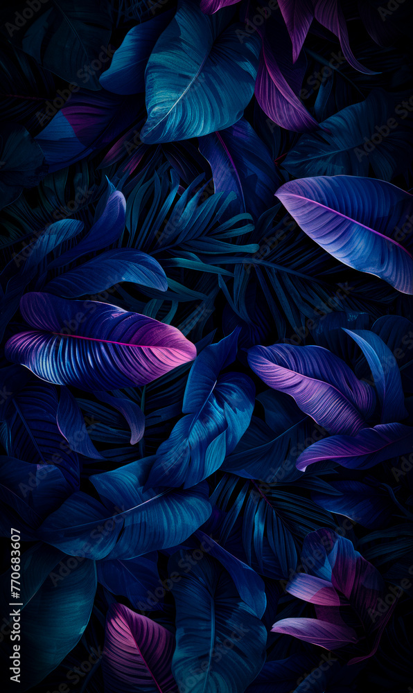 Poster artistic rendering of tropical foliage in deep blue and purple hues. visual art concept. generative 