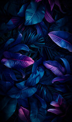 Artistic rendering of tropical foliage in deep blue and purple hues. Visual art concept. Generative AI