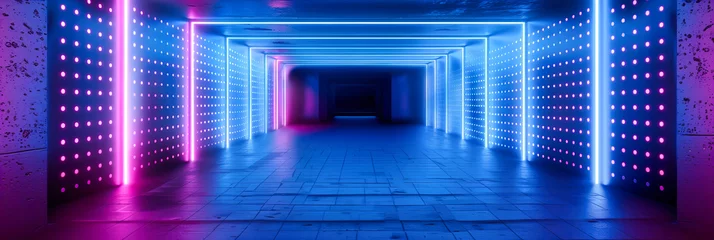 Rolgordijnen Neon Tunnel Vision: A Brightly Lit Corridor in Blue Neon, Offering a Glimpse into a Futuristic Landscape © Jahid