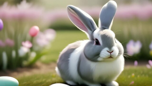 Easter grey bunny with easter pastel colof eggs in spring garden with flowers. Easter background and card concept.Zoom in clip.High quality FullHD footage